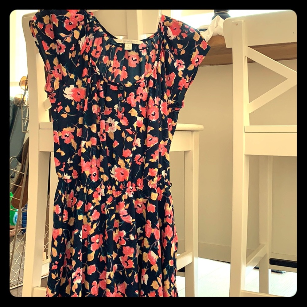 Dark blue floral dress.
